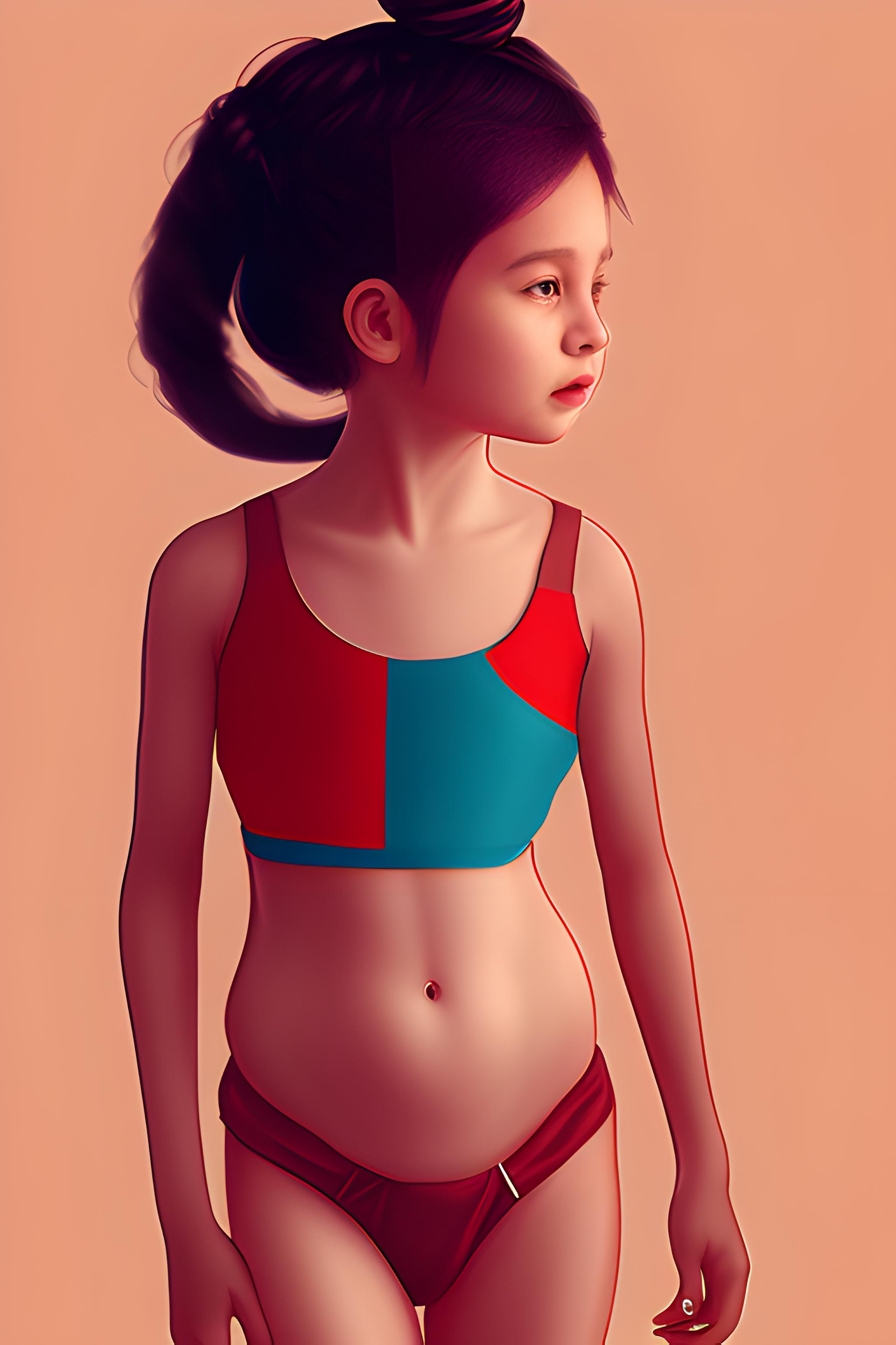 A child that is a girl wearing a tight bra and a red thong